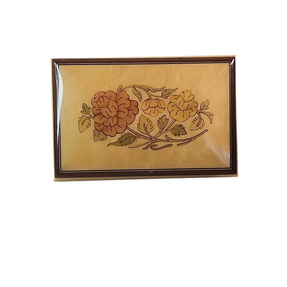 Vintage Italian Wood Floral Inlay Romance Musical Jewelry Box